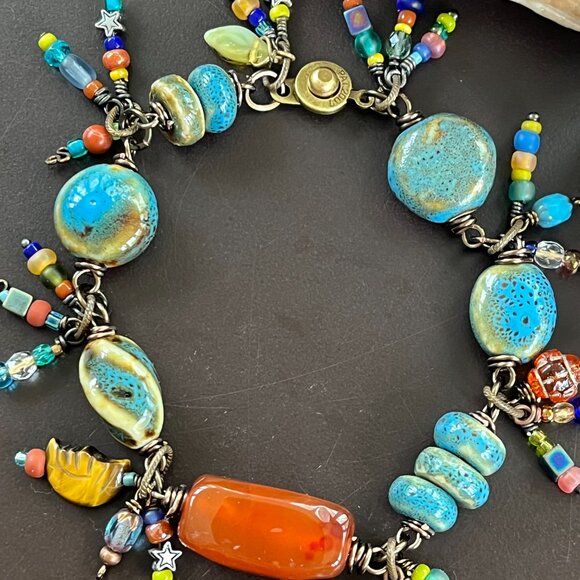Handmade Carnelian Stone & Ceramic Charm Bracelet: Boho Eclectic Beaded Jewelry - Picture 2 of 8